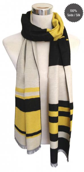 Scarf Shawl 100% Silk Flannel Jacquard Black Yellow Beige - extra long